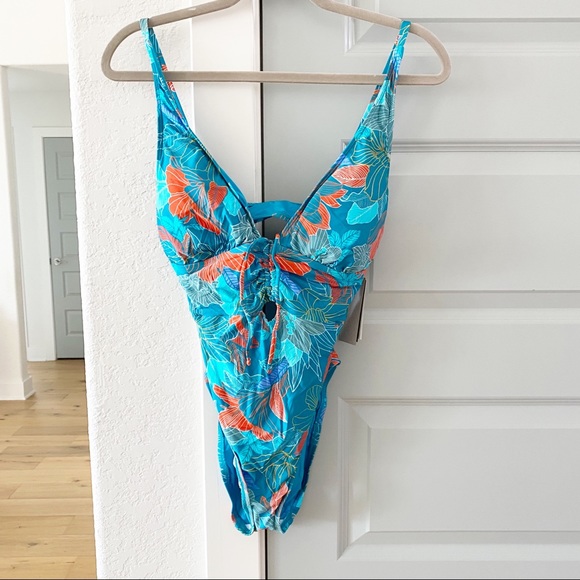 NWT Kenneth Cole Trace of Paradise Shirred-Front Mio One-Piece Swimsuit - Picture 3 of 7